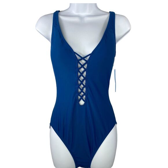 Into The Bleu-Amerex One Piece Swimsuit Women's Sz 8 Blue Lace Up Front NWT Read - Picture 1 of 9